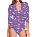 Purple And White Lavender Pattern Print Long Sleeve Swimsuit
