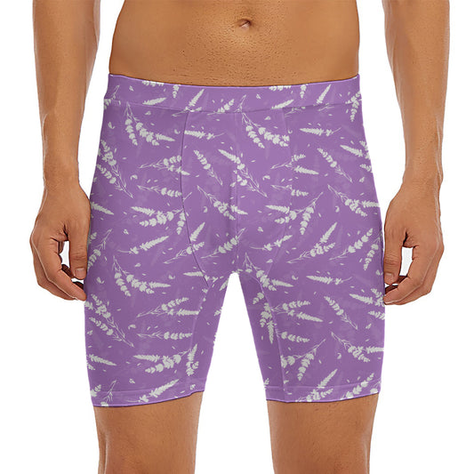 Purple And White Lavender Pattern Print Men's Long Boxer Briefs