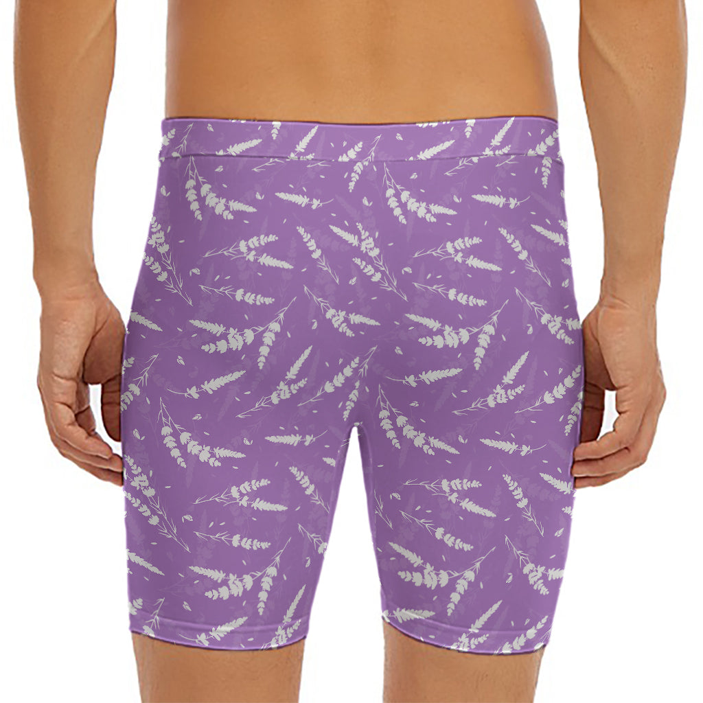 Purple And White Lavender Pattern Print Men's Long Boxer Briefs