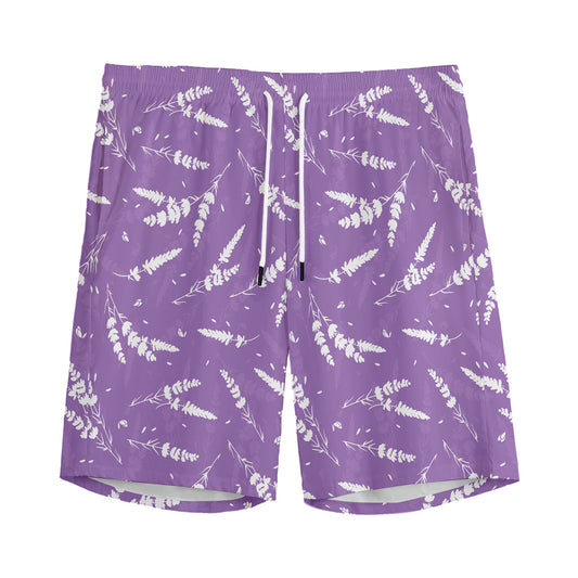 Purple And White Lavender Pattern Print Men's Sports Shorts