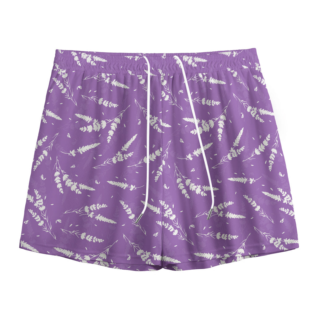 Purple And White Lavender Pattern Print Mesh Shorts