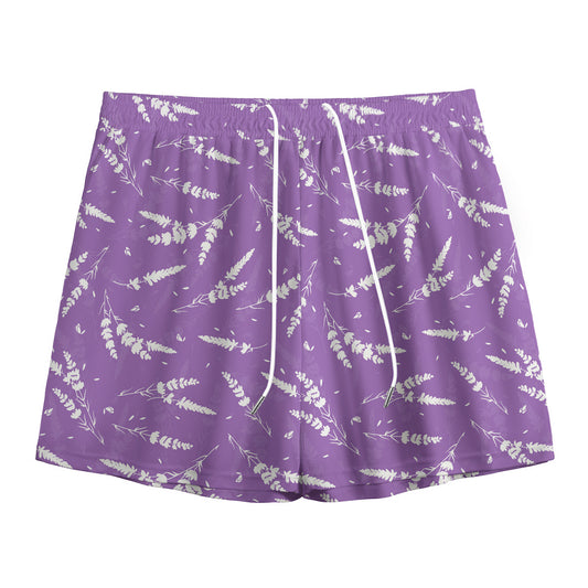 Purple And White Lavender Pattern Print Mesh Shorts