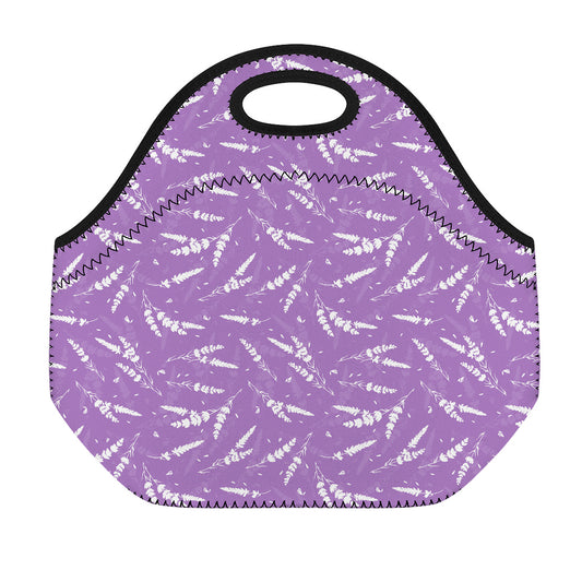 Purple And White Lavender Pattern Print Neoprene Lunch Bag