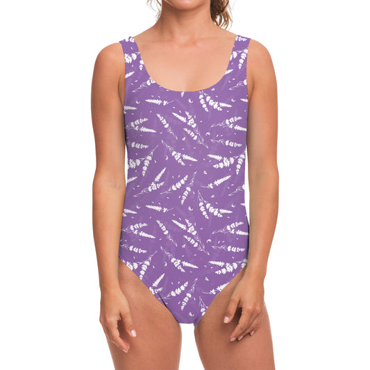 Purple And White Lavender Pattern Print One Piece Swimsuit
