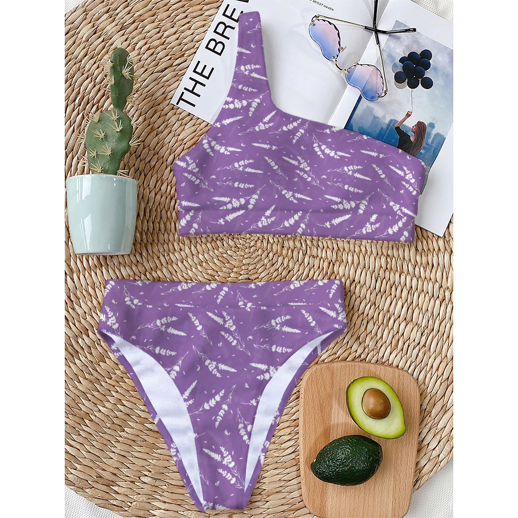 Purple And White Lavender Pattern Print One Shoulder Bikini Top