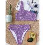 Purple And White Lavender Pattern Print One Shoulder Bikini Top