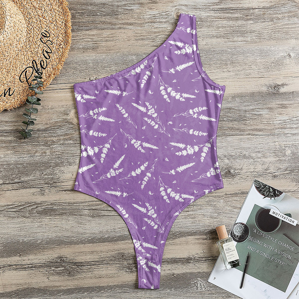 Purple And White Lavender Pattern Print One Shoulder Bodysuit