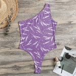 Purple And White Lavender Pattern Print One Shoulder Bodysuit