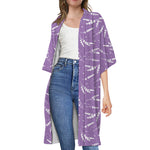 Purple And White Lavender Pattern Print Open Front Beach Cover Up