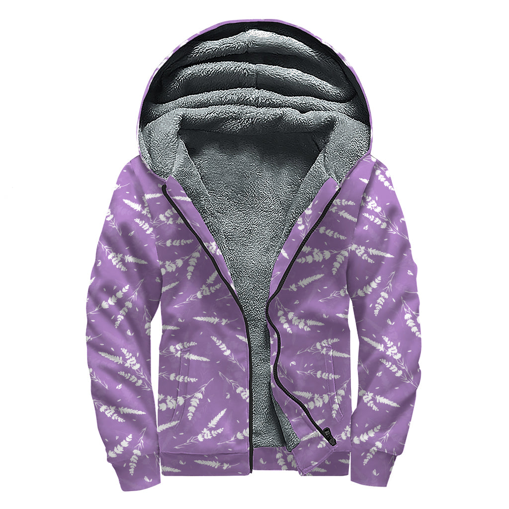 Purple And White Lavender Pattern Print Sherpa Lined Zip Up Hoodie