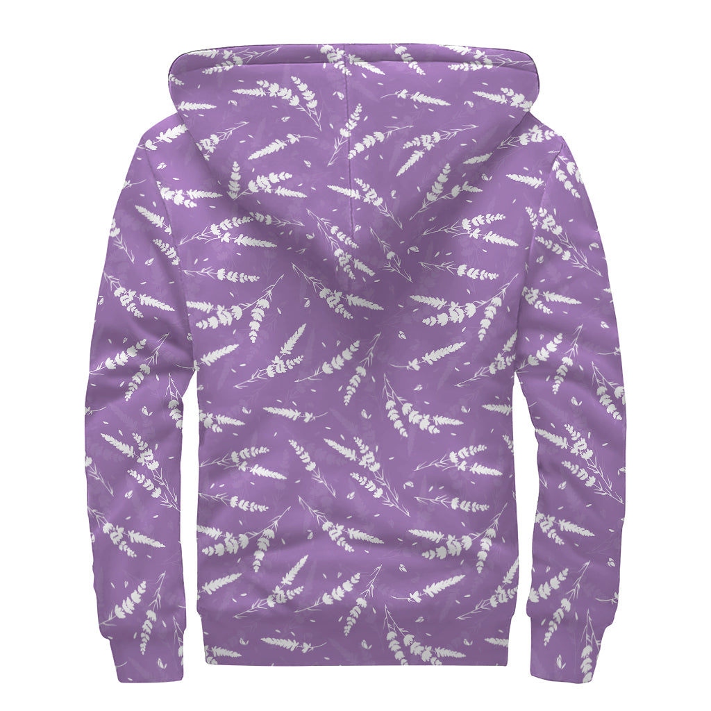 Purple And White Lavender Pattern Print Sherpa Lined Zip Up Hoodie