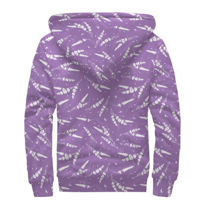 Purple And White Lavender Pattern Print Sherpa Lined Zip Up Hoodie