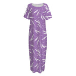 Purple And White Lavender Pattern Print Short Sleeve Long Nightdress
