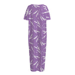 Purple And White Lavender Pattern Print Short Sleeve Long Nightdress