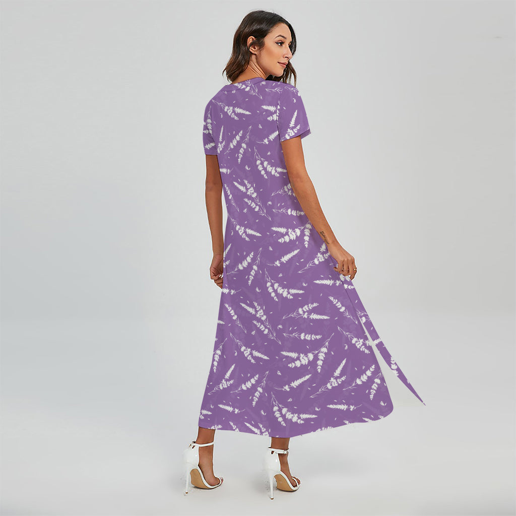 Purple And White Lavender Pattern Print Short Sleeve Maxi Dress