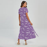 Purple And White Lavender Pattern Print Short Sleeve Maxi Dress