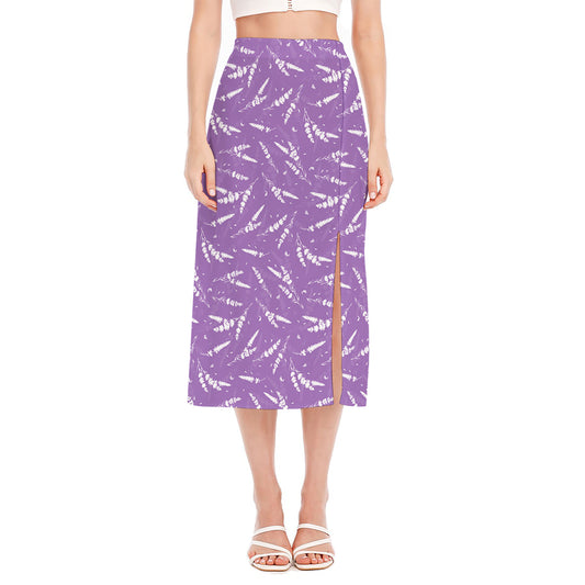 Purple And White Lavender Pattern Print Side Slit Midi Skirt