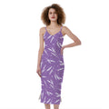 Purple And White Lavender Pattern Print Slim Fit Midi Cami Dress