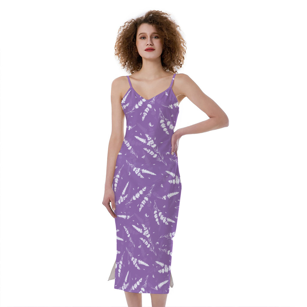 Purple And White Lavender Pattern Print Slim Fit Midi Cami Dress