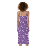 Purple And White Lavender Pattern Print Slim Fit Midi Cami Dress