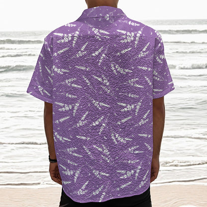 Purple And White Lavender Pattern Print Textured Short Sleeve Shirt