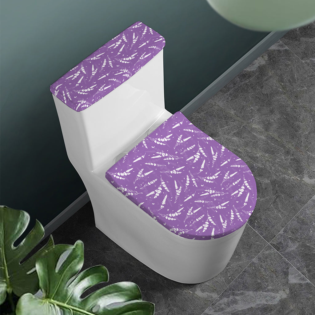 Purple And White Lavender Pattern Print Toilet Lid And Tank Cover Set