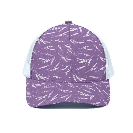 Purple And White Lavender Pattern Print White Mesh Trucker Cap