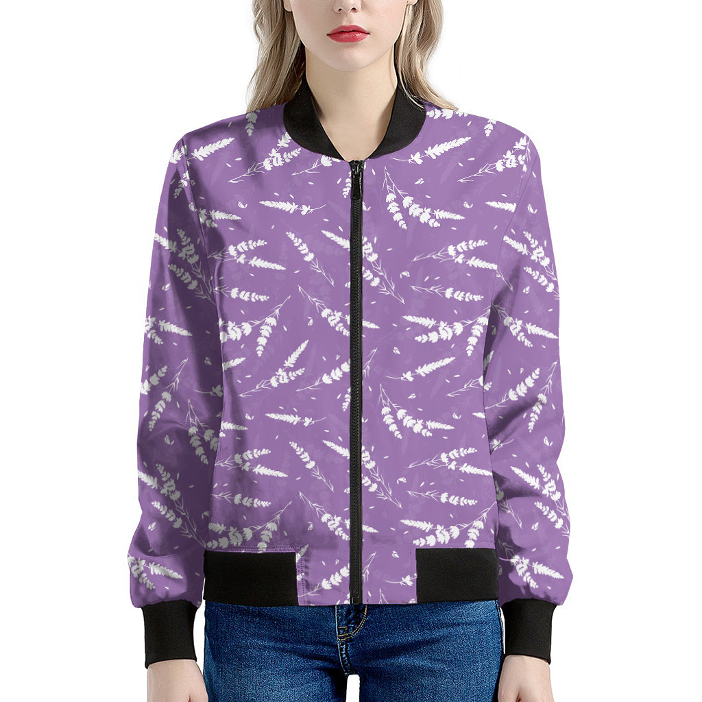 Purple And White Lavender Pattern Print Women's Bomber Jacket