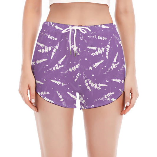 Purple And White Lavender Pattern Print Women's Split Running Shorts
