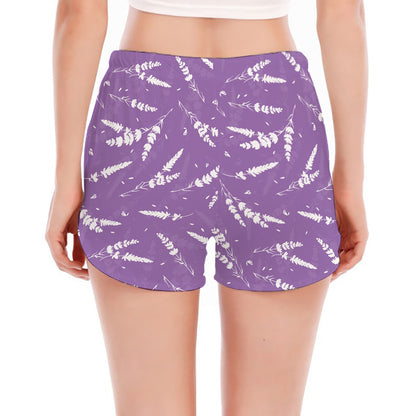 Purple And White Lavender Pattern Print Women's Split Running Shorts