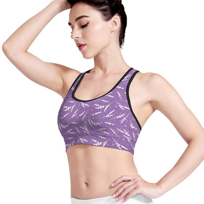 Purple And White Lavender Pattern Print Women's Sports Bra