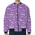 Purple And White Lavender Pattern Print Zip Sleeve Bomber Jacket