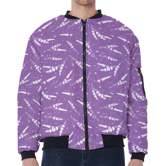 Purple And White Lavender Pattern Print Zip Sleeve Bomber Jacket
