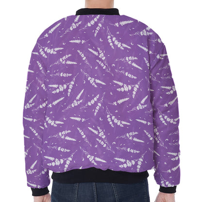 Purple And White Lavender Pattern Print Zip Sleeve Bomber Jacket