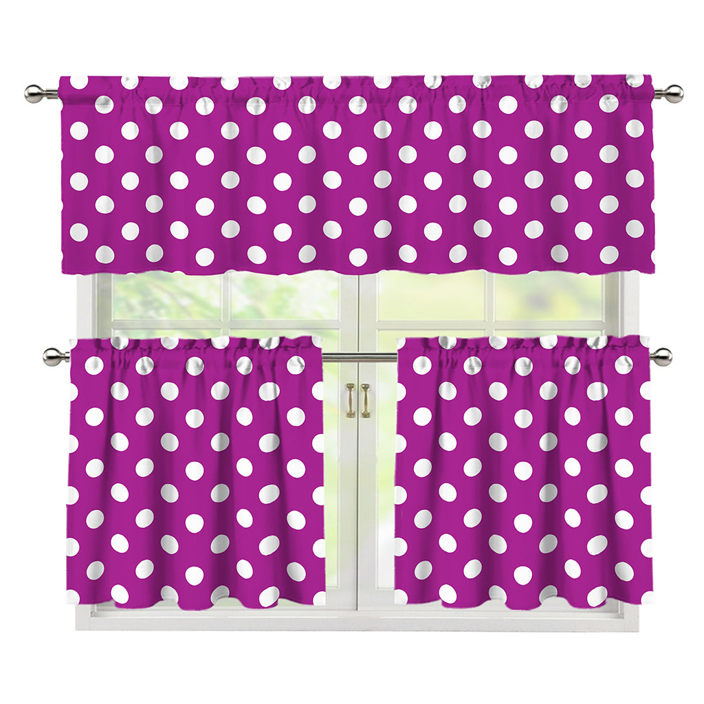 Purple And White Polka Dot Pattern Print 3 Piece Kitchen Curtains