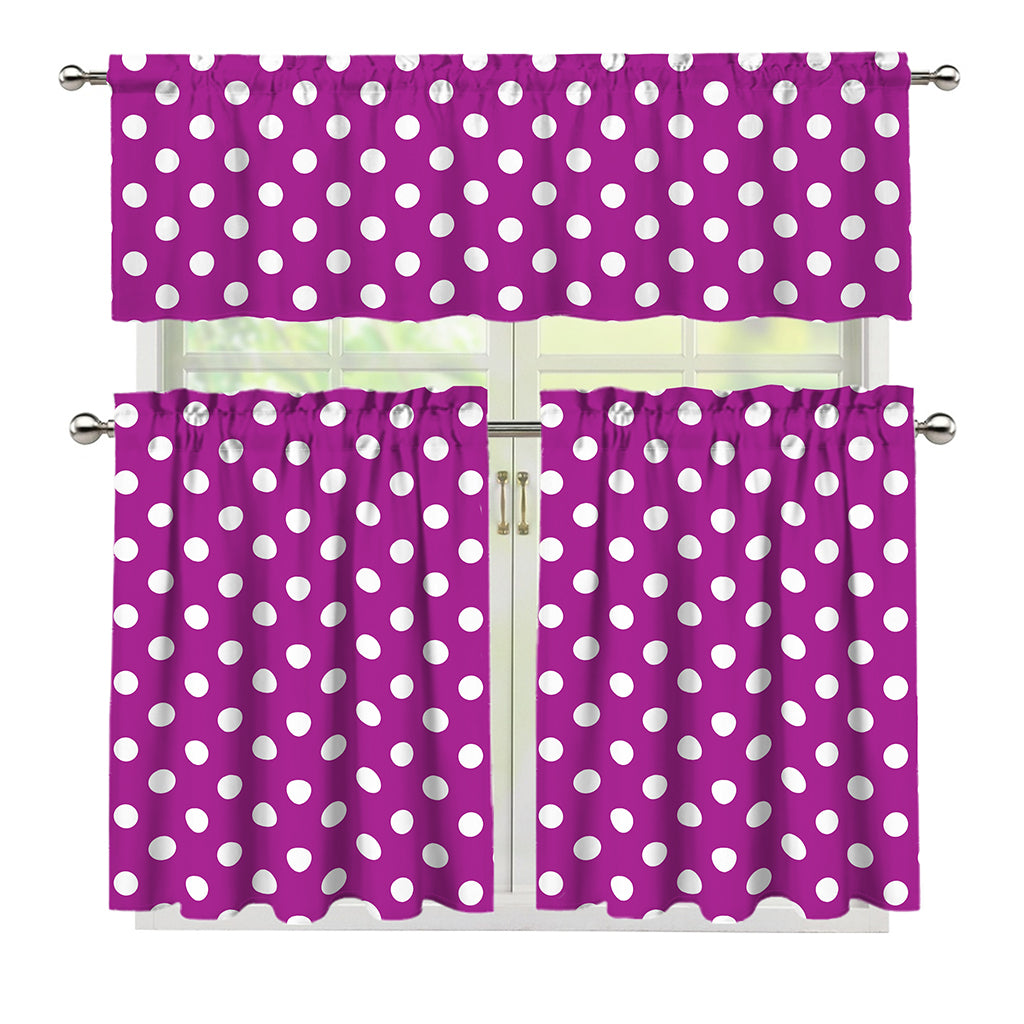 Purple And White Polka Dot Pattern Print 3 Piece Kitchen Curtains