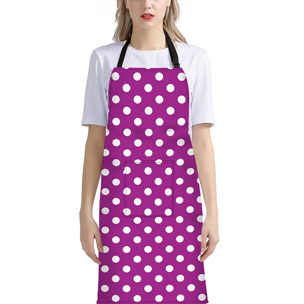 Purple And White Polka Dot Pattern Print Bib Apron With Pocket