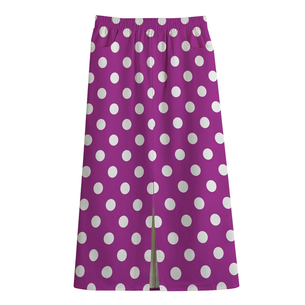 Purple And White Polka Dot Pattern Print Cotton Front Slit Maxi Skirt
