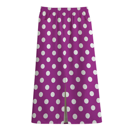 Purple And White Polka Dot Pattern Print Cotton Front Slit Maxi Skirt