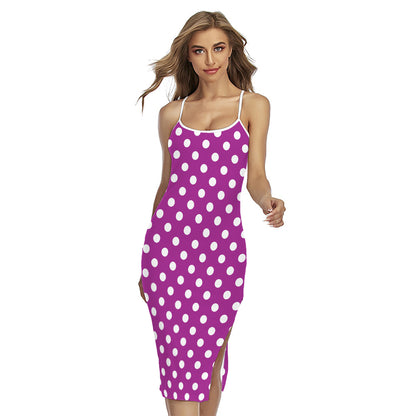 Purple And White Polka Dot Pattern Print Cross Back Cami Dress