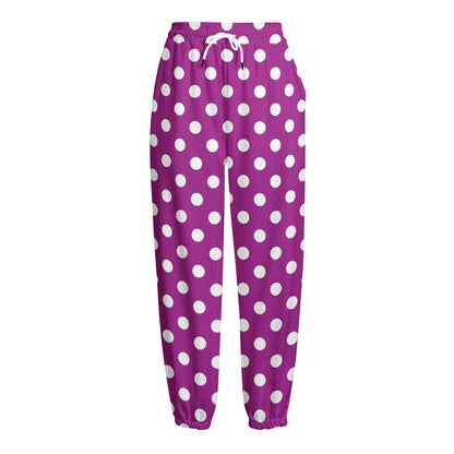 Purple And White Polka Dot Pattern Print Fleece Lined Knit Pants