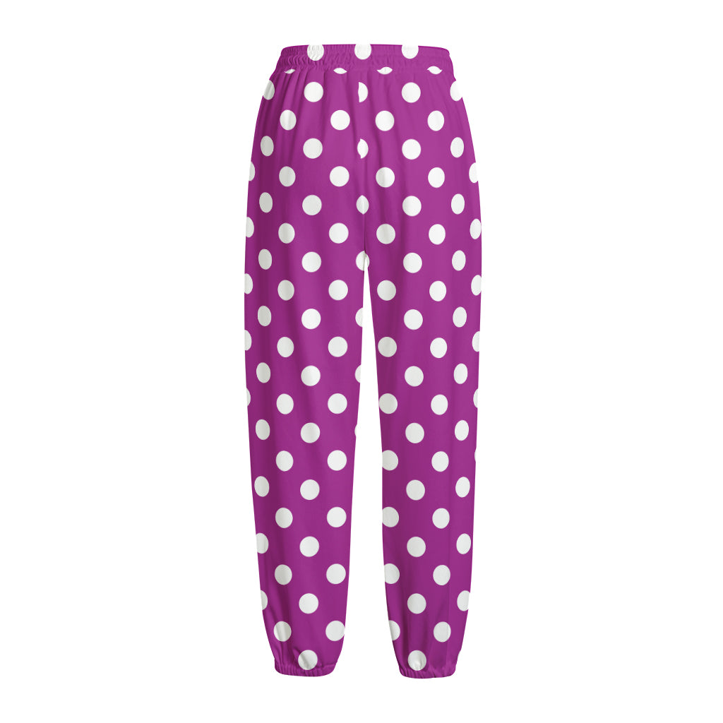 Purple And White Polka Dot Pattern Print Fleece Lined Knit Pants