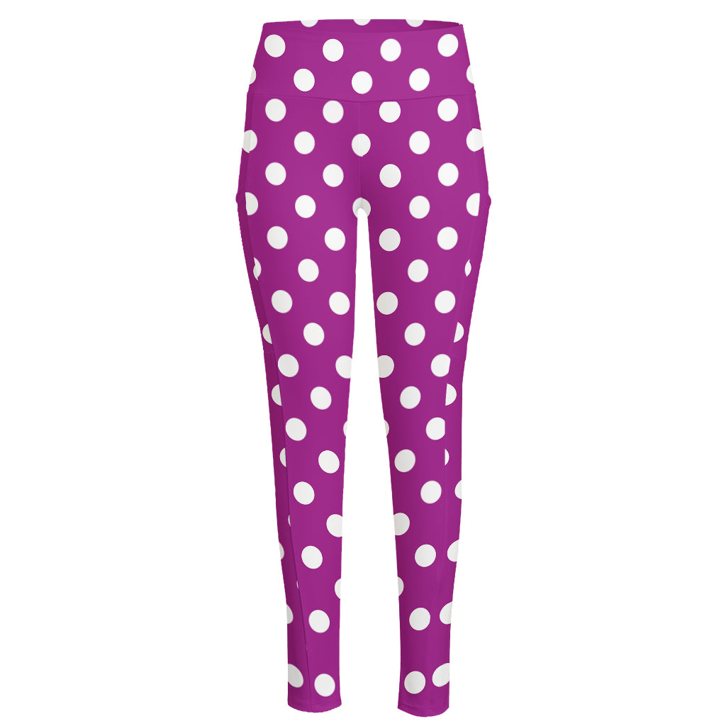 Purple And White Polka Dot Pattern Print High-Waisted Pocket Leggings