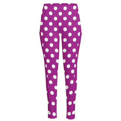 Purple And White Polka Dot Pattern Print High-Waisted Pocket Leggings