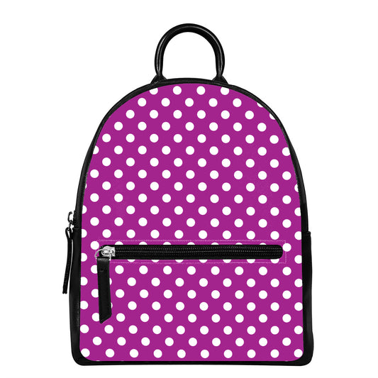 Purple And White Polka Dot Pattern Print Leather Backpack