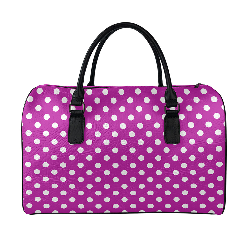 Purple And White Polka Dot Pattern Print Leather Duffle Bag