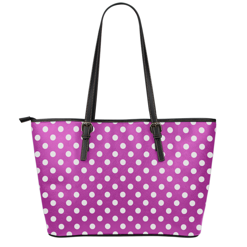 Purple And White Polka Dot Pattern Print Leather Tote Bag