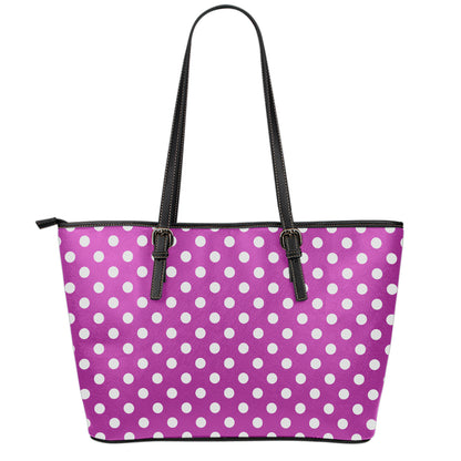 Purple And White Polka Dot Pattern Print Leather Tote Bag