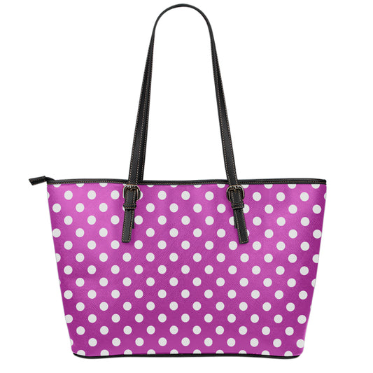 Purple And White Polka Dot Pattern Print Leather Tote Bag