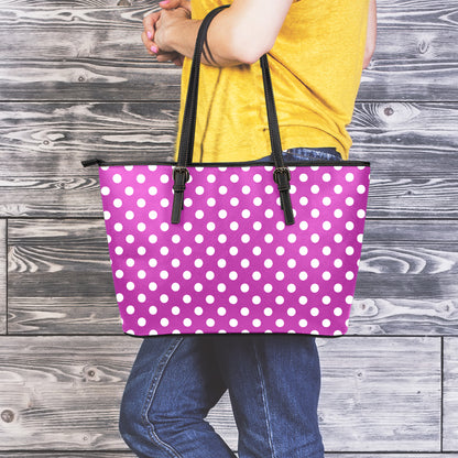Purple And White Polka Dot Pattern Print Leather Tote Bag